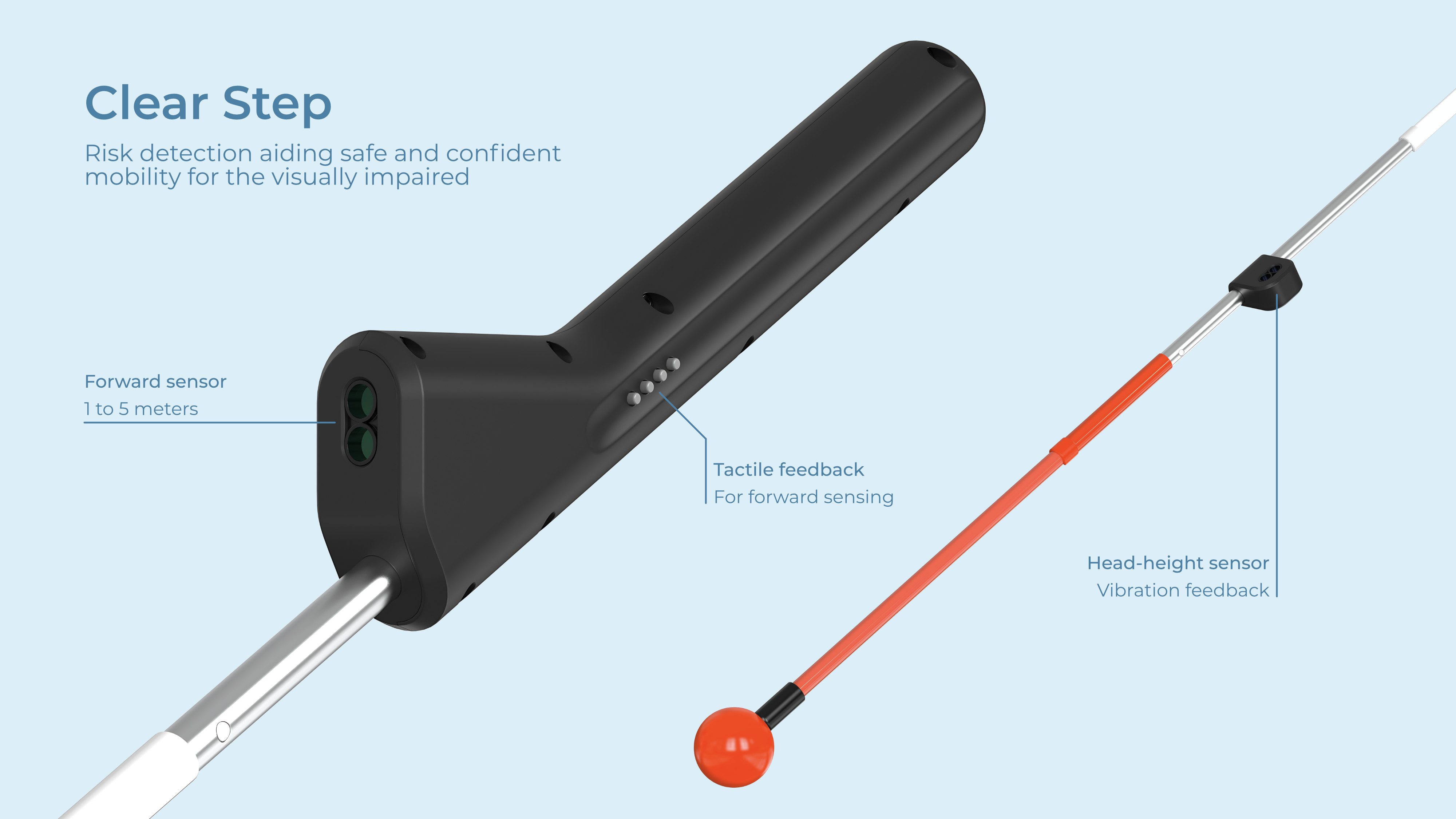 Diseño del bastón Clear Step: empuñadura negra con sistema táctil y tramo inferior con sensor para detectar obstáculos elevados.